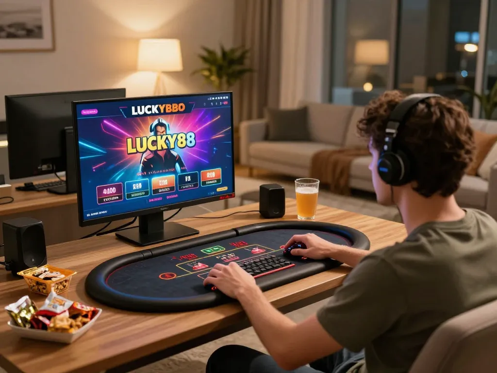 LUCKY88 player engaged in online betting game with vibrant live dealer interface on screen.