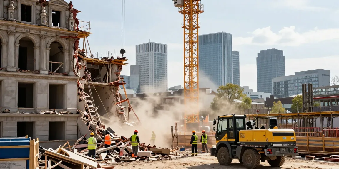 Aktive Abrissarbeiten in Wien, Fokus auf Abriss Wien mit Bauarbeitern und modernem Gerät.