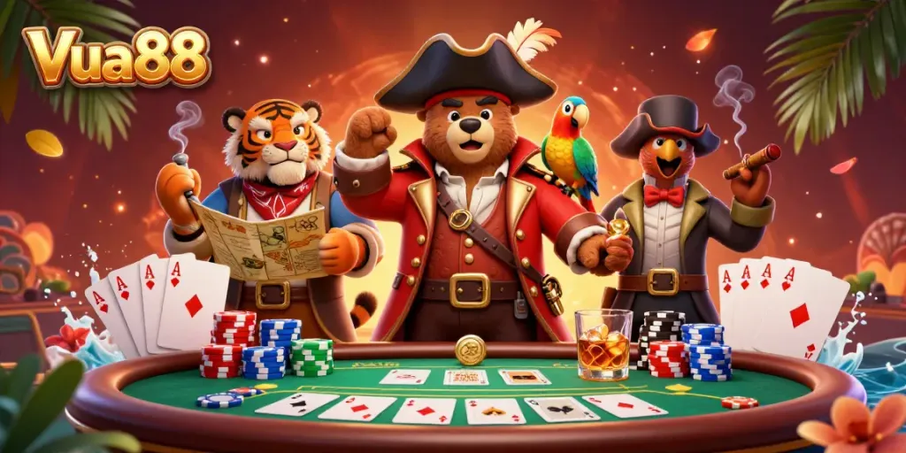 Experience thrilling gambling with Vua88 in an engaging 3D casino scene filled with lively characters and poker elements.