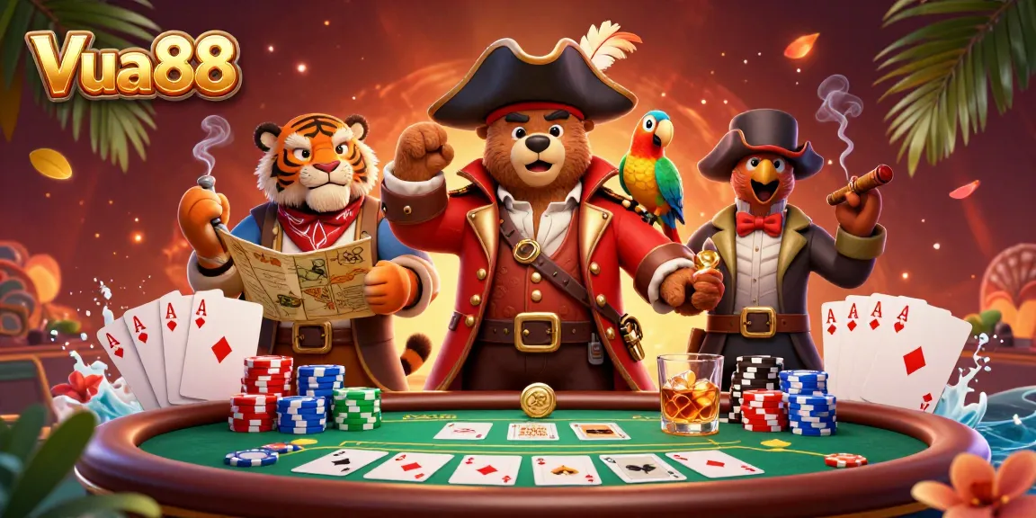 Experience thrilling gambling with Vua88 in an engaging 3D casino scene filled with lively characters and poker elements.