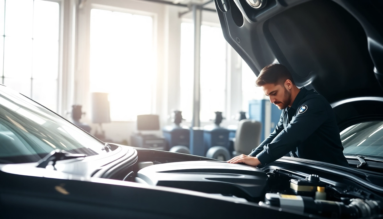 BMW Spezialist untersucht Motor eines Luxusfahrzeugs in einer modernen Werkstatt.
