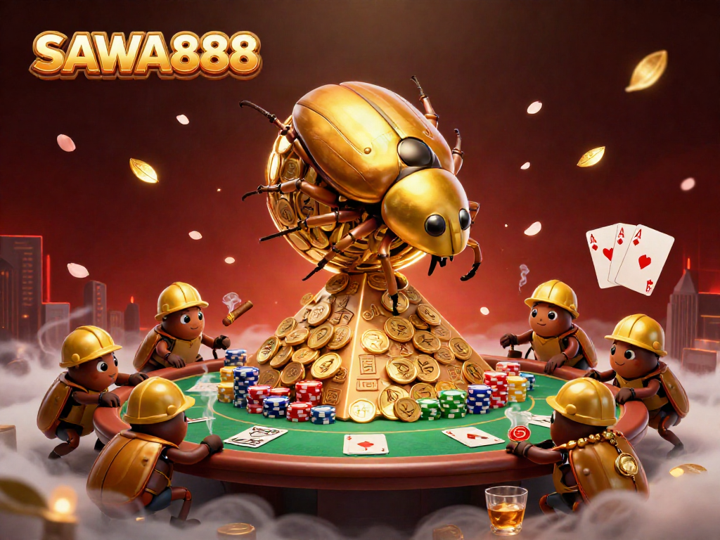 Experience SAWA888 through this 3D illustration of golden beetles amidst casino elements.