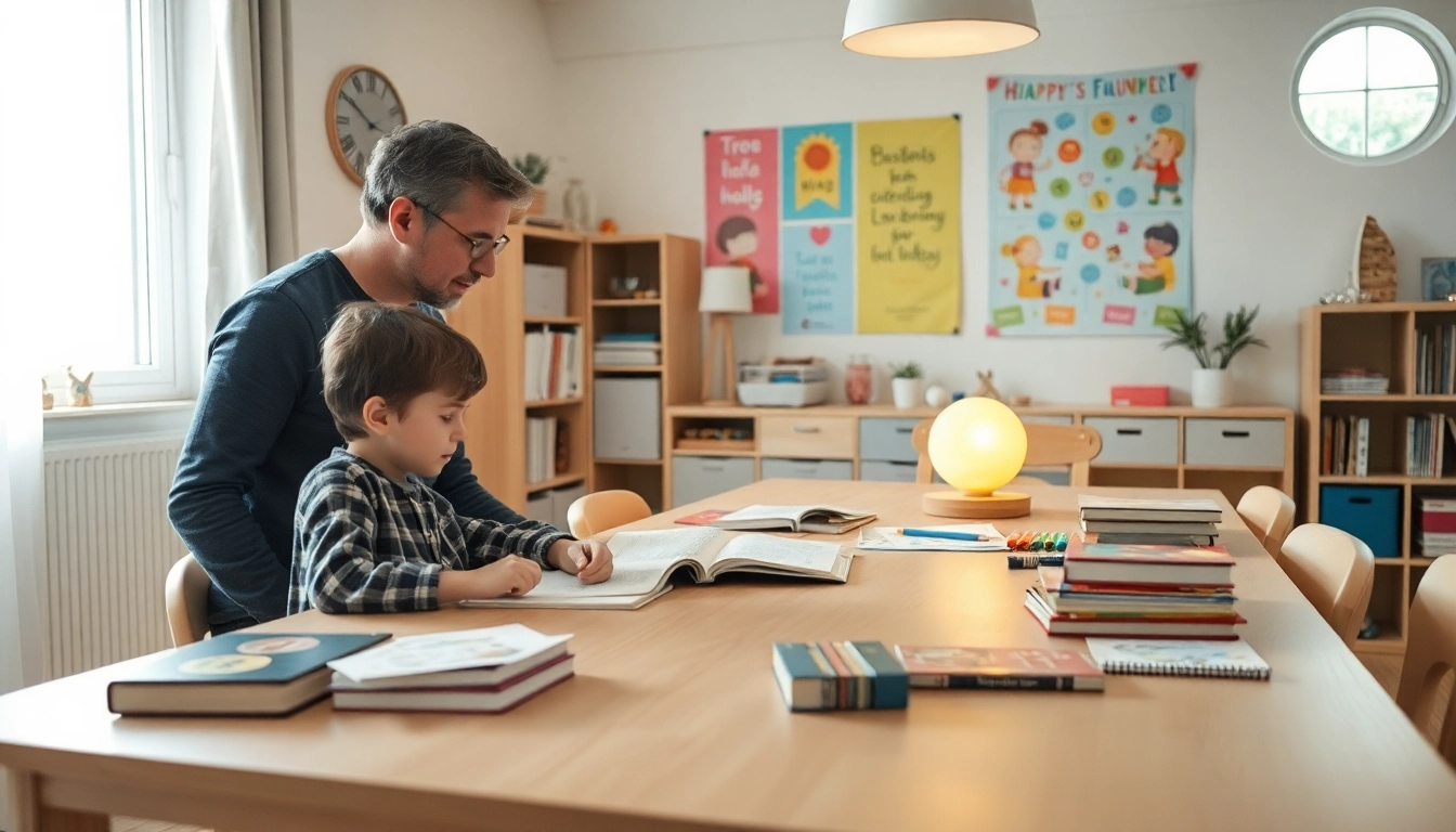 Ein engagierter Heimunterricht, bei dem ein Kind unter der Anleitung eines Elternteils arbeitet, umgeben von Lernmaterialien.