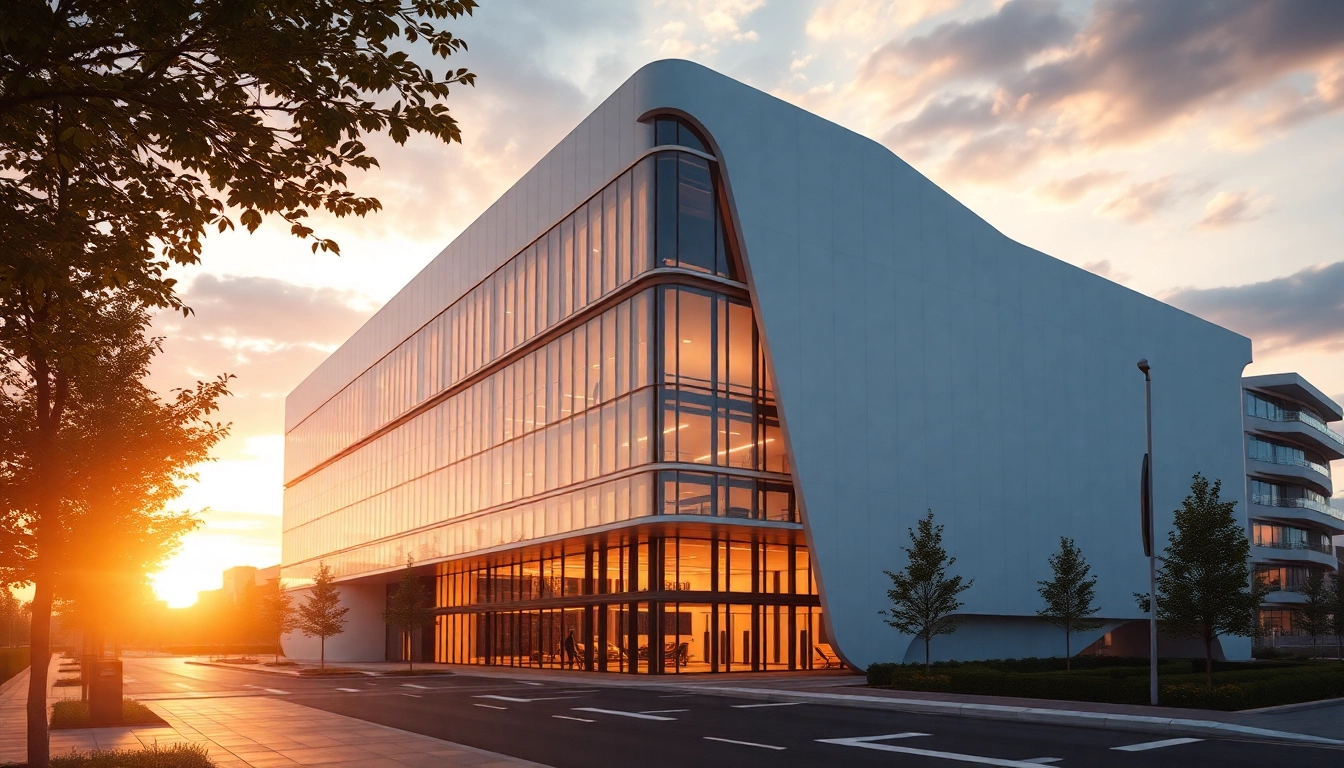Architekturvisualisierung eines futuristischen Gebäudes, das in warmen Lichttönen erstrahlt und urbanes Leben darstellt.
