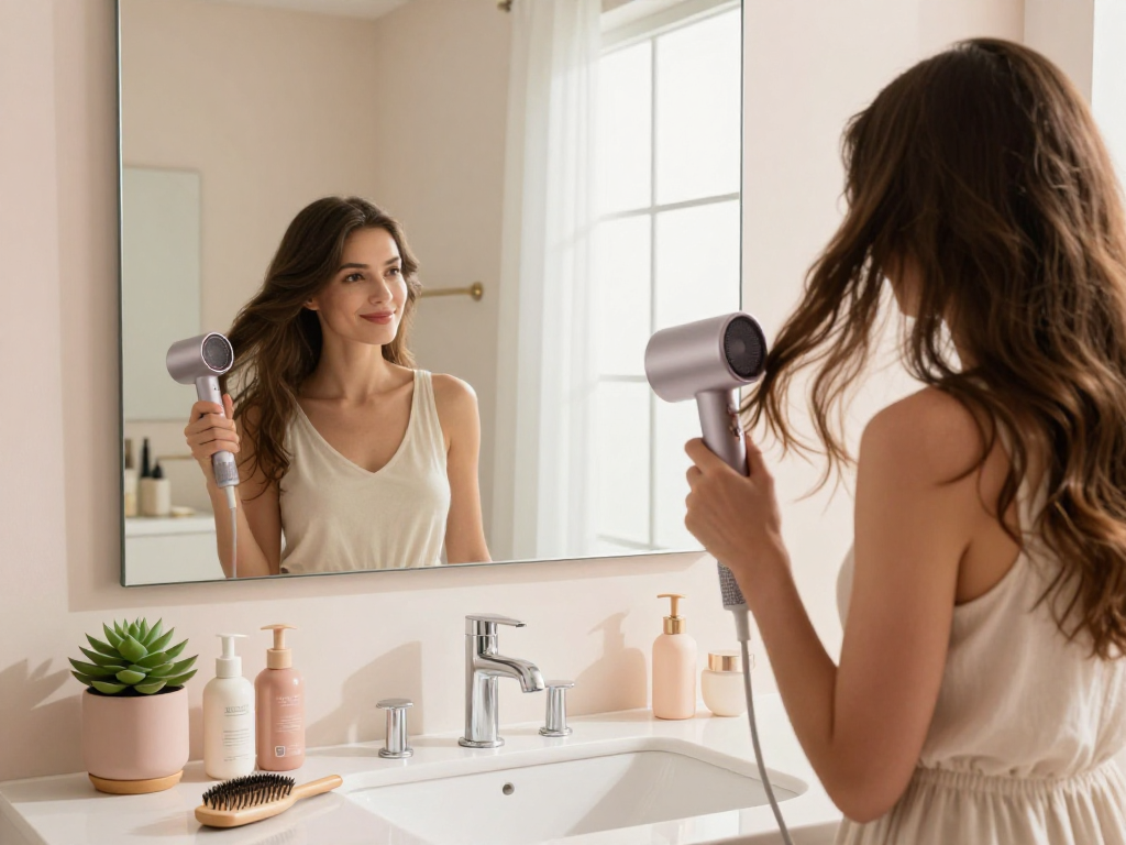 Woman using a mini hair dryer in a stylish bathroom, reflecting a confident beauty routine.