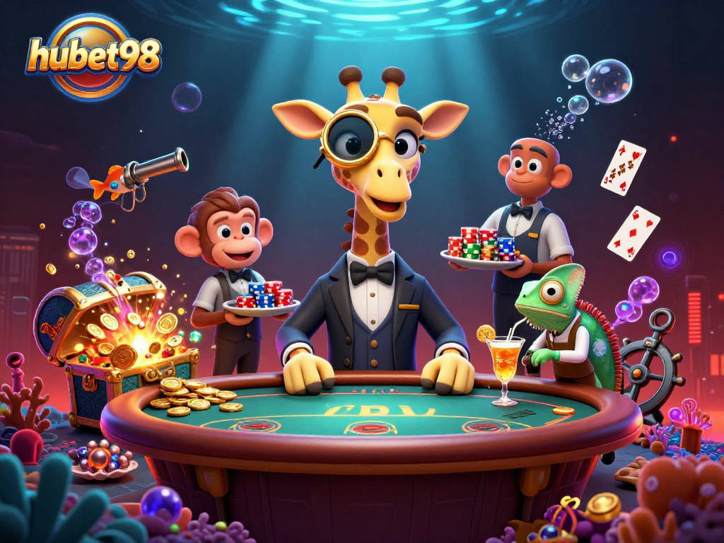 Engage in thrilling gameplay at hubet98, featuring a vibrant 3D casino scene with giraffe and monkey characters.