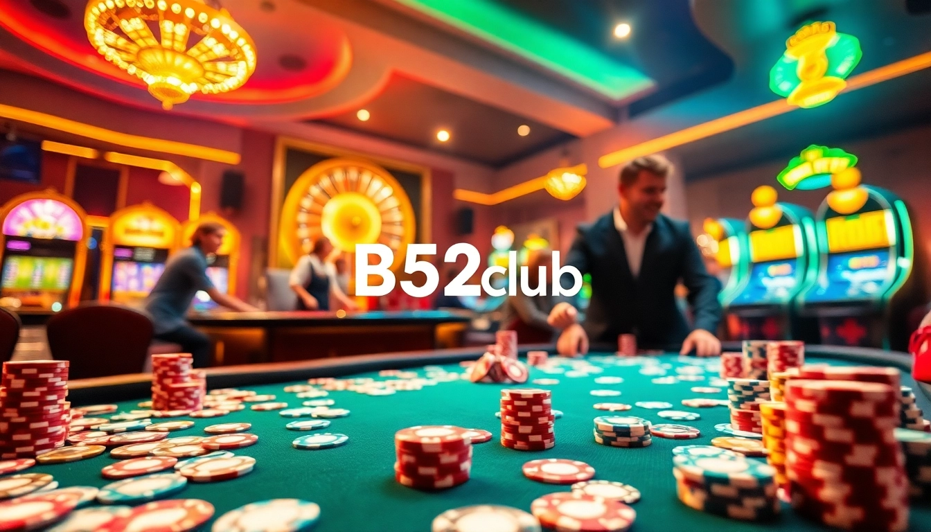 Excited gamblers at B52club engaging in poker action with vibrant casino elements.