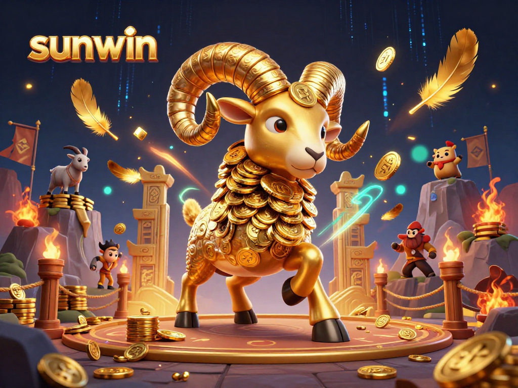Win big at Sunwin with the golden ram charging through a vivid casino landscape full of riches.