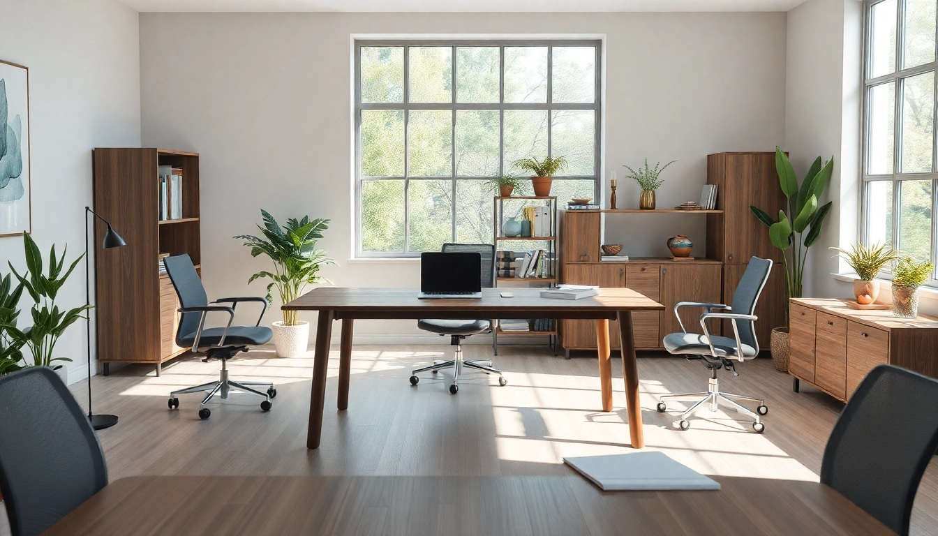 Entdecken Sie hochwertige Büromöbel mit einem eleganten Schreibtisch und ergonomischen Stühlen, die ein einladendes Büro schaffen.