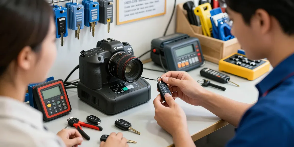Autoschlüssel nachmachen bei einem professionellen Schlüsseldienst mit modernem Schlüsselkopierer im Einsatz.