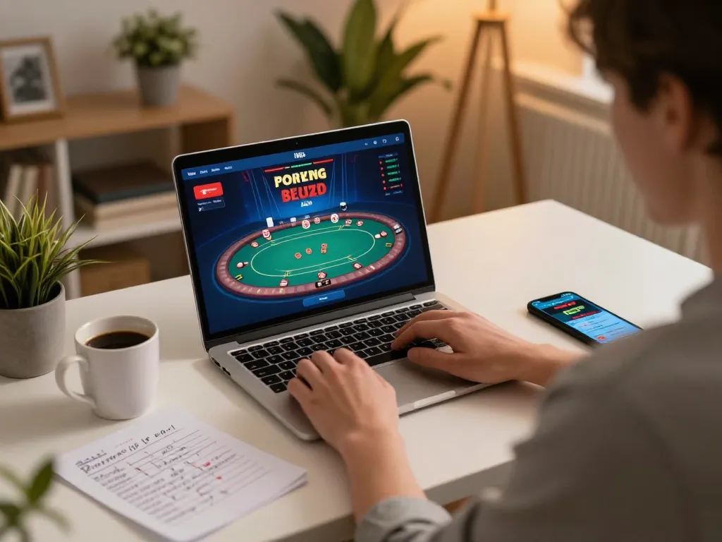 79king online casino gaming scene with player focused on poker strategy and bankroll management.