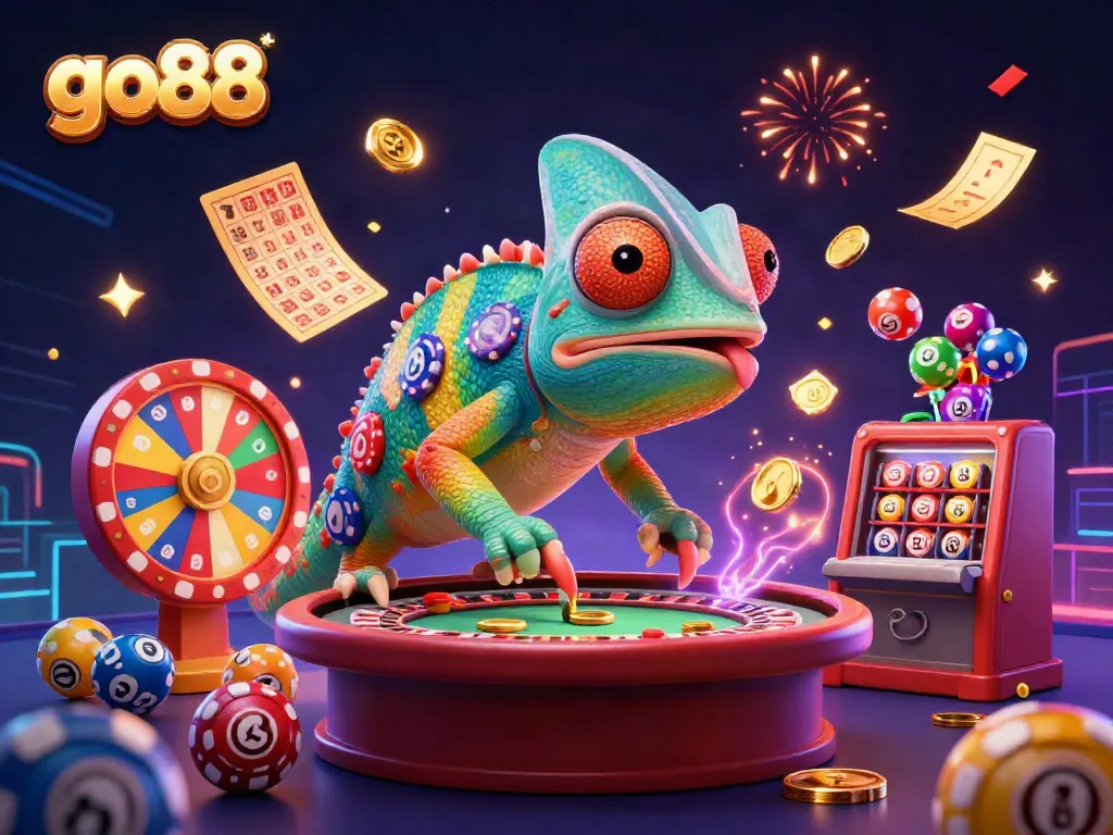 Engage with go88's vibrant online casino world through a lively 3D illustration showcasing games, prizes, and excitement.