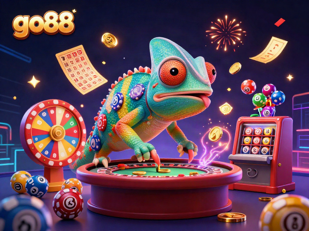 Engage with go88's vibrant online casino world through a lively 3D illustration showcasing games, prizes, and excitement.