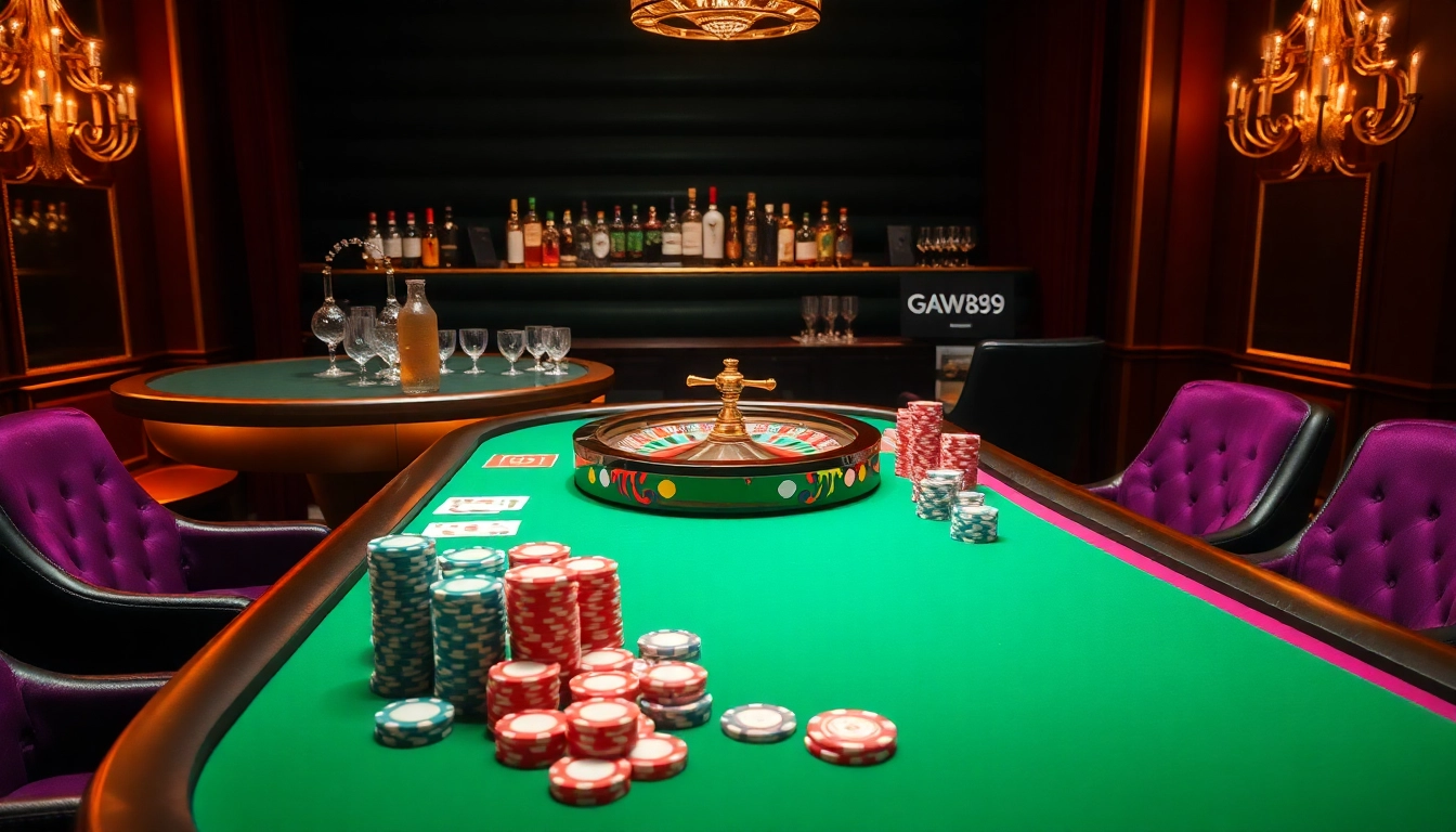 Gamblers strategizing at a high-stakes table featuring thương hiệu gavb79 poker chips and cards in a luxurious casino.