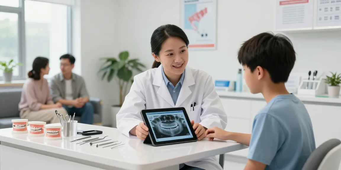 Kieferorthopädie Praxis: Berater spricht mit Patient und zeigt digitale Dentalanalyse