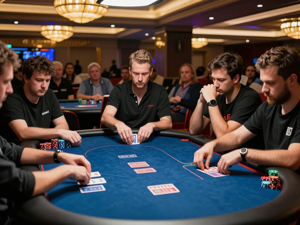 Players engaged in a tense poker game at go8casino, showcasing high-stakes betting and competitive atmosphere.