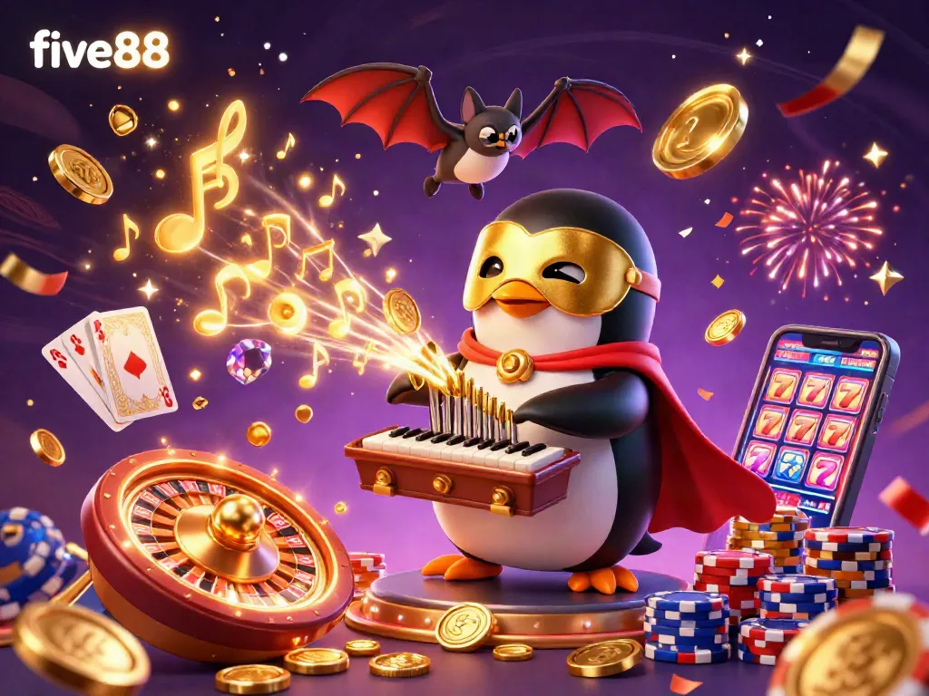 Experience thrilling wins at five88 with a vibrant casino scene featuring gold coins and playing cards.