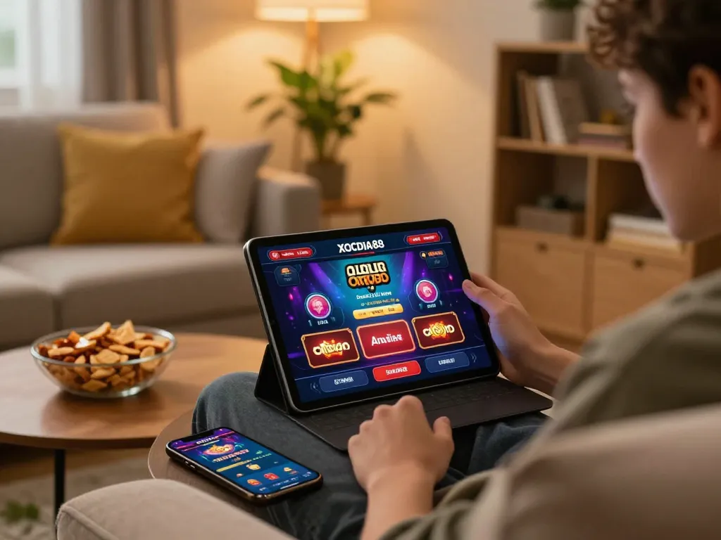 Player engaging with XOCDIA88 online casino on a tablet, emphasizing modern gaming convenience and comfort.