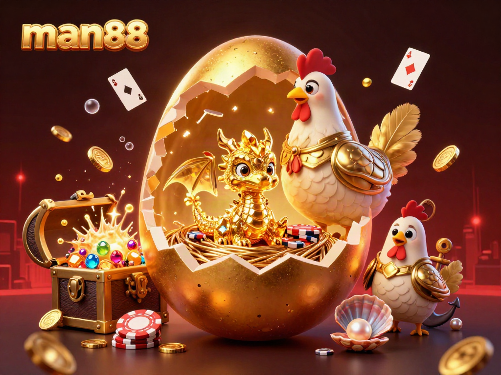Bet on man88 and witness a golden dragon emerging from poker chips, embodying excitement and wealth.