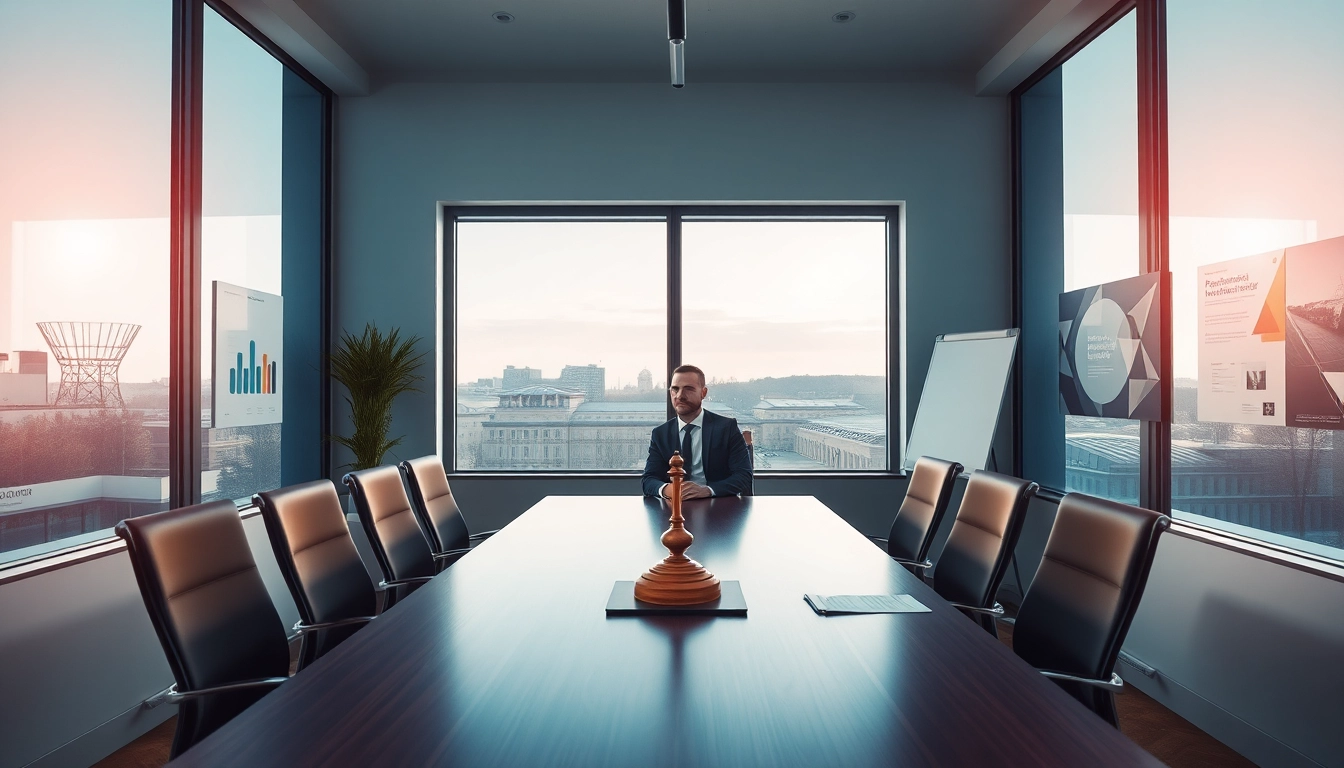 Headhunter Karlsruhe moderiert ein strategisches Gespräch in einem eleganten Konferenzraum.