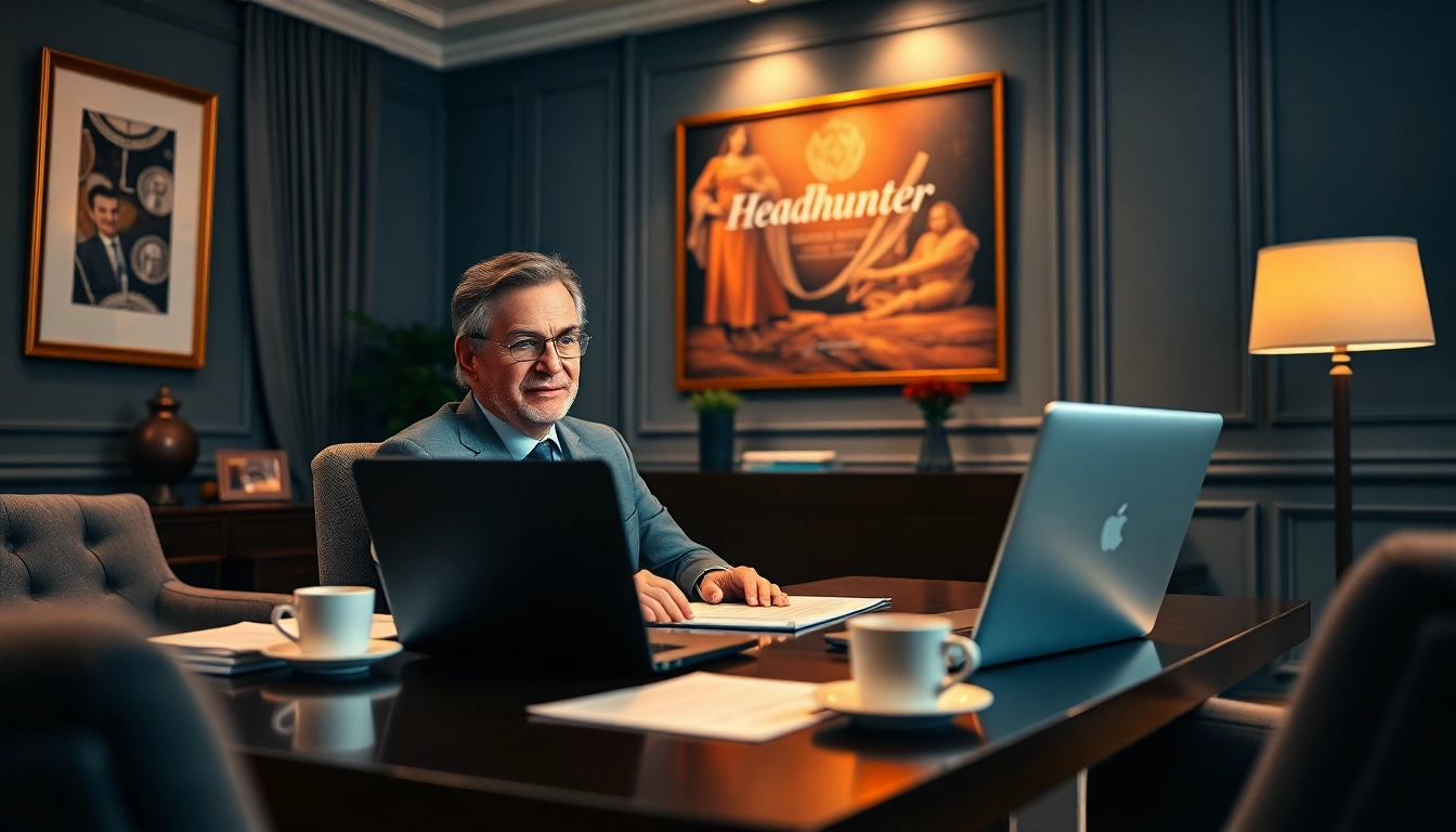 Professioneller Headhunter Hagen bei einem Videoanruf, umgeben von eleganter Büromöbel.