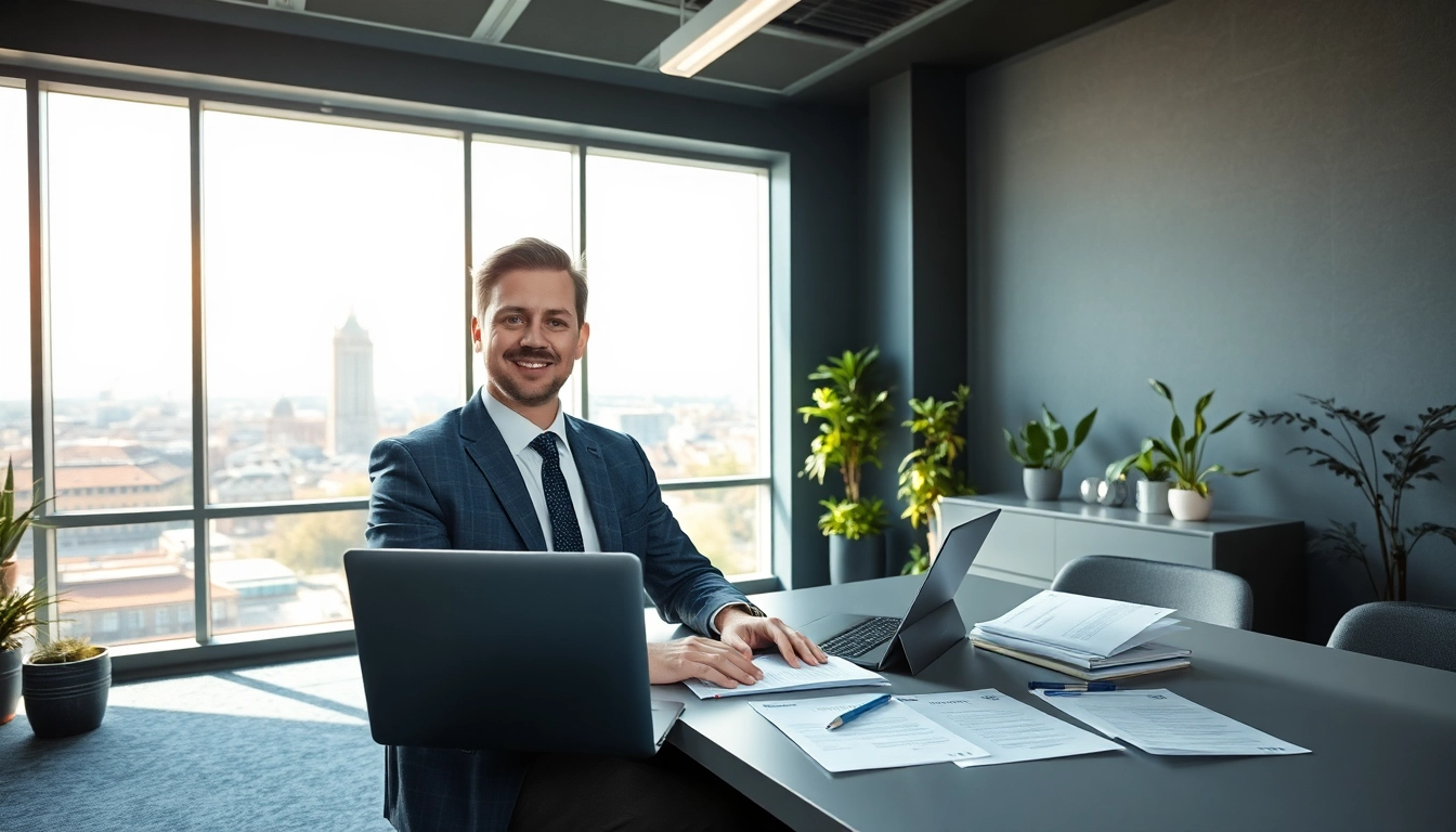 Professioneller Headhunter Köln bei der Arbeit in modernem Büro, umgeben von Bewerbungsunterlagen.