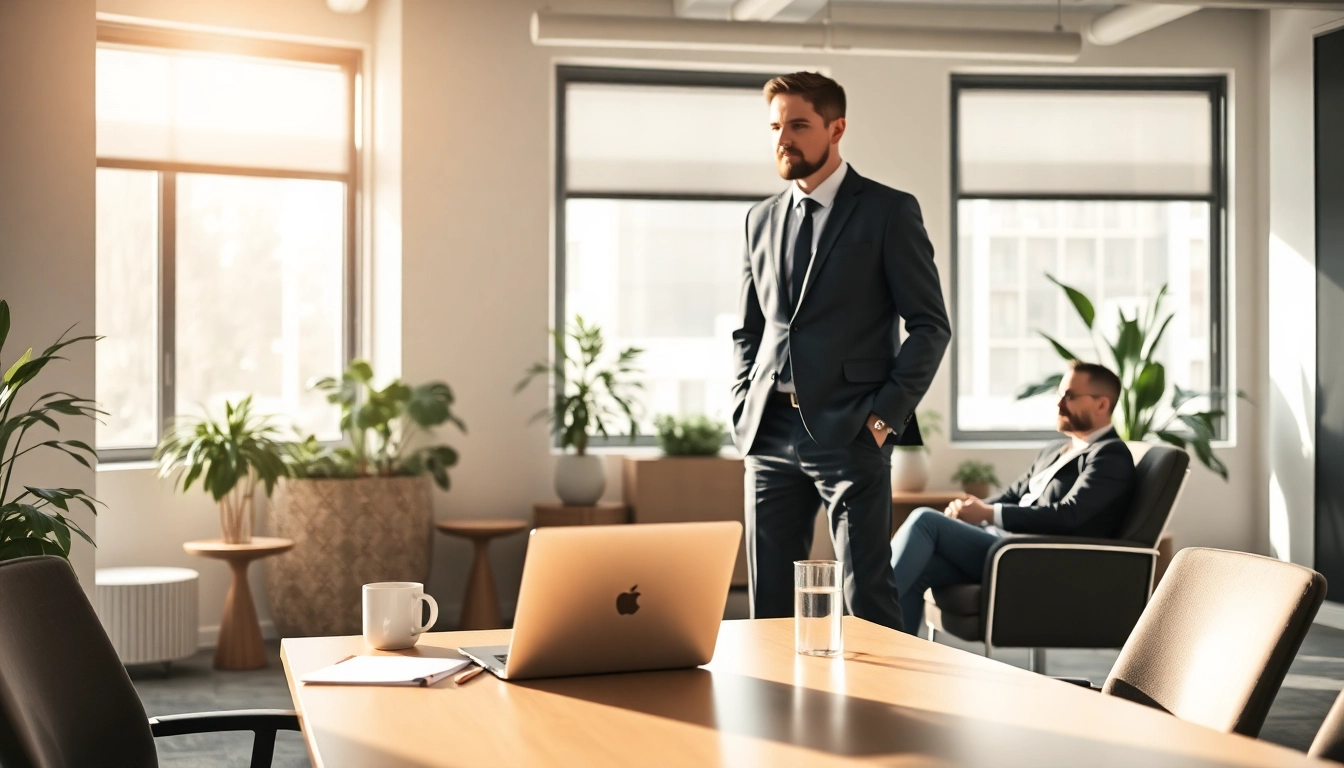 Headhunter Schweiz, der in einem modernen Büro Bewerber berät und den Prozess der Personalvermittlung visualisiert.