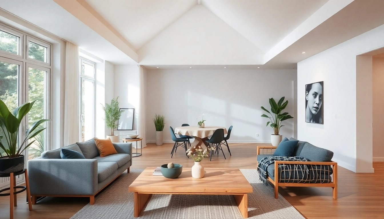 Raumgestaltung eines modernen Wohnzimmers mit eleganten Möbeln, sanften Farben und natürlichen Lichtquellen.