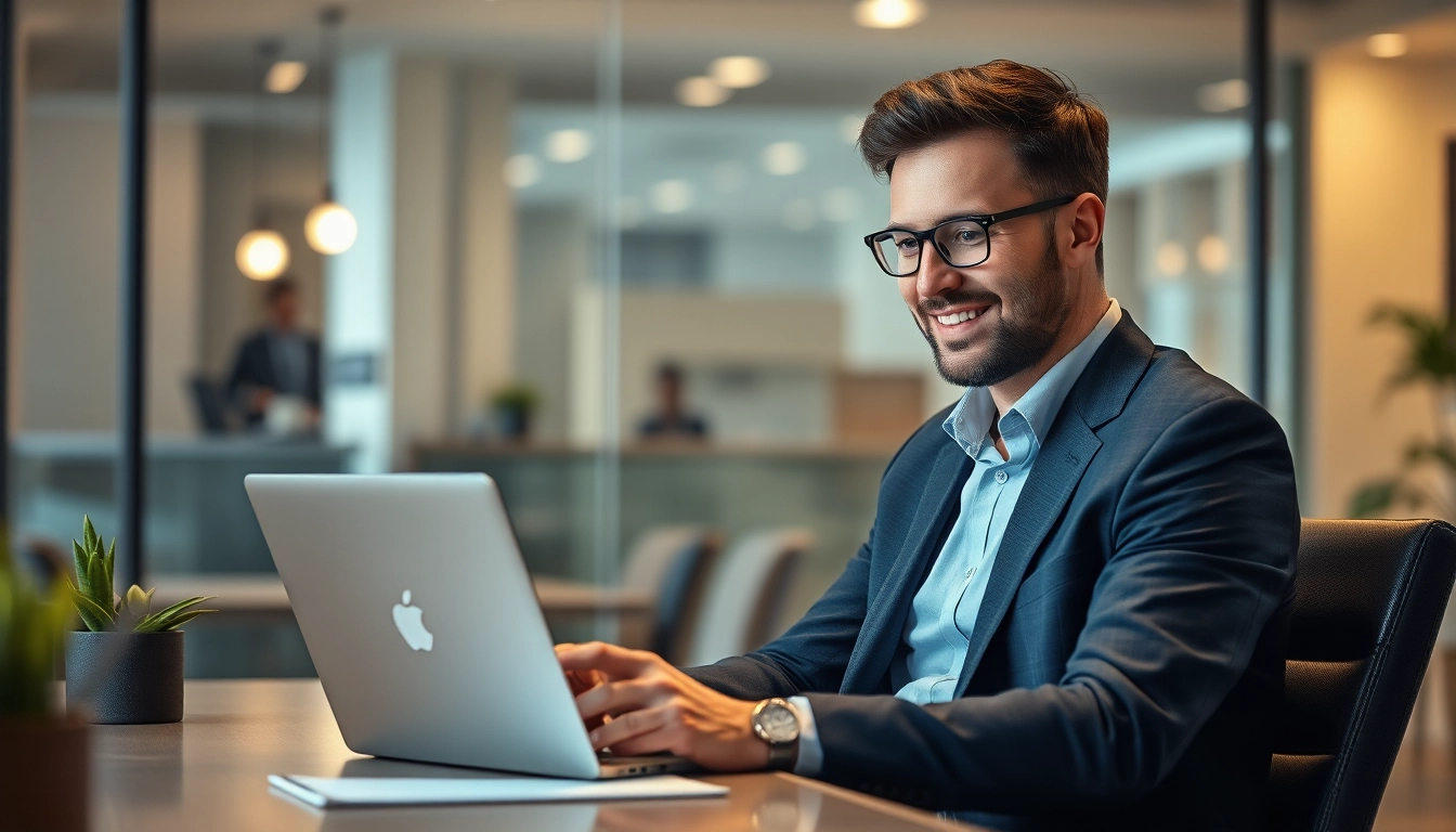 Professioneller Headhunter Kiel analysiert Karrieremöglichkeiten mit einem Laptop in einem modernen Büro.