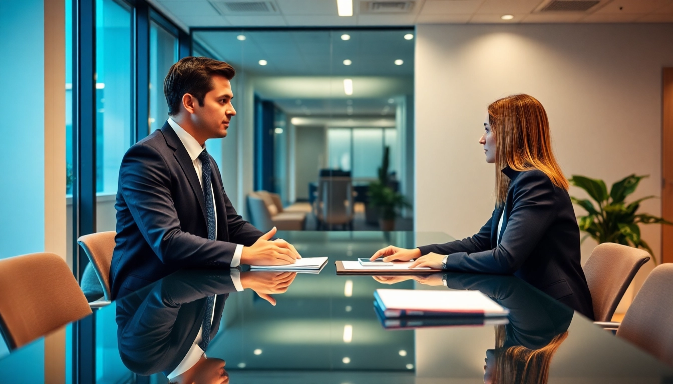 Headhunter Geschäftsführer in a professional meeting environment, engaging with candidates to find the best leadership talent.