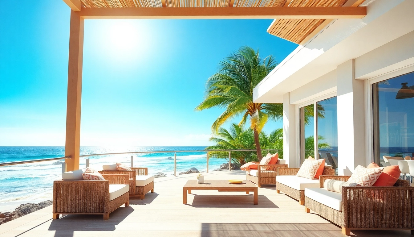 Entspannen Sie sich in einem coastal cabana mit sonnendurchfluteter Terrasse und atemberaubender Küstenansicht.