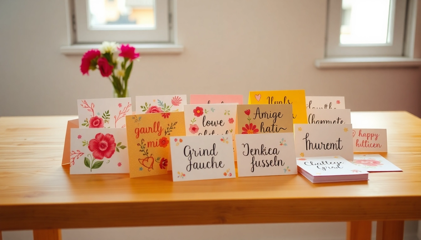 Schöne Grusskarten stilvoll arrangiert auf einem Holztisch, leuchtende Farben und kreative Designs.