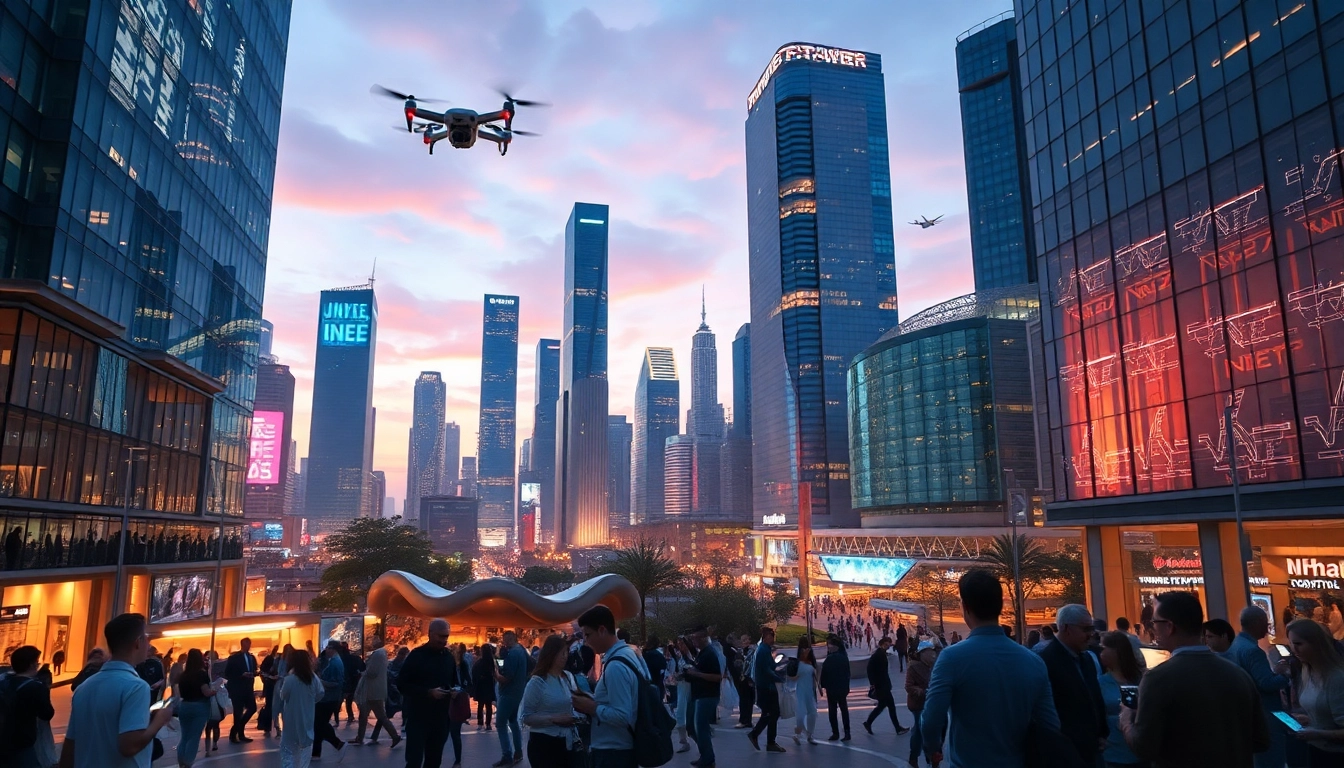 Technologie-Driven cityscape with advanced buildings and digital displays.