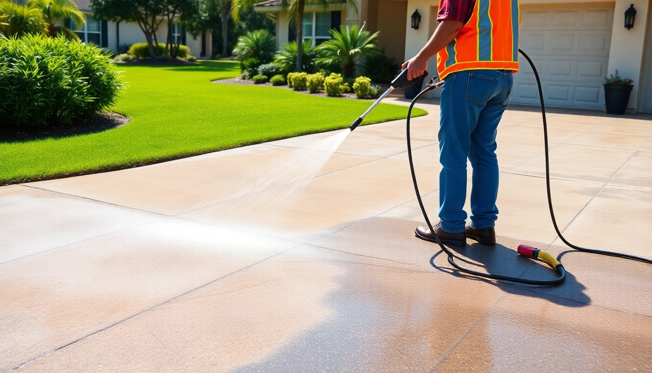 Driveway pressure wash service clean up in Kissimmee, showcasing a professional team at work.