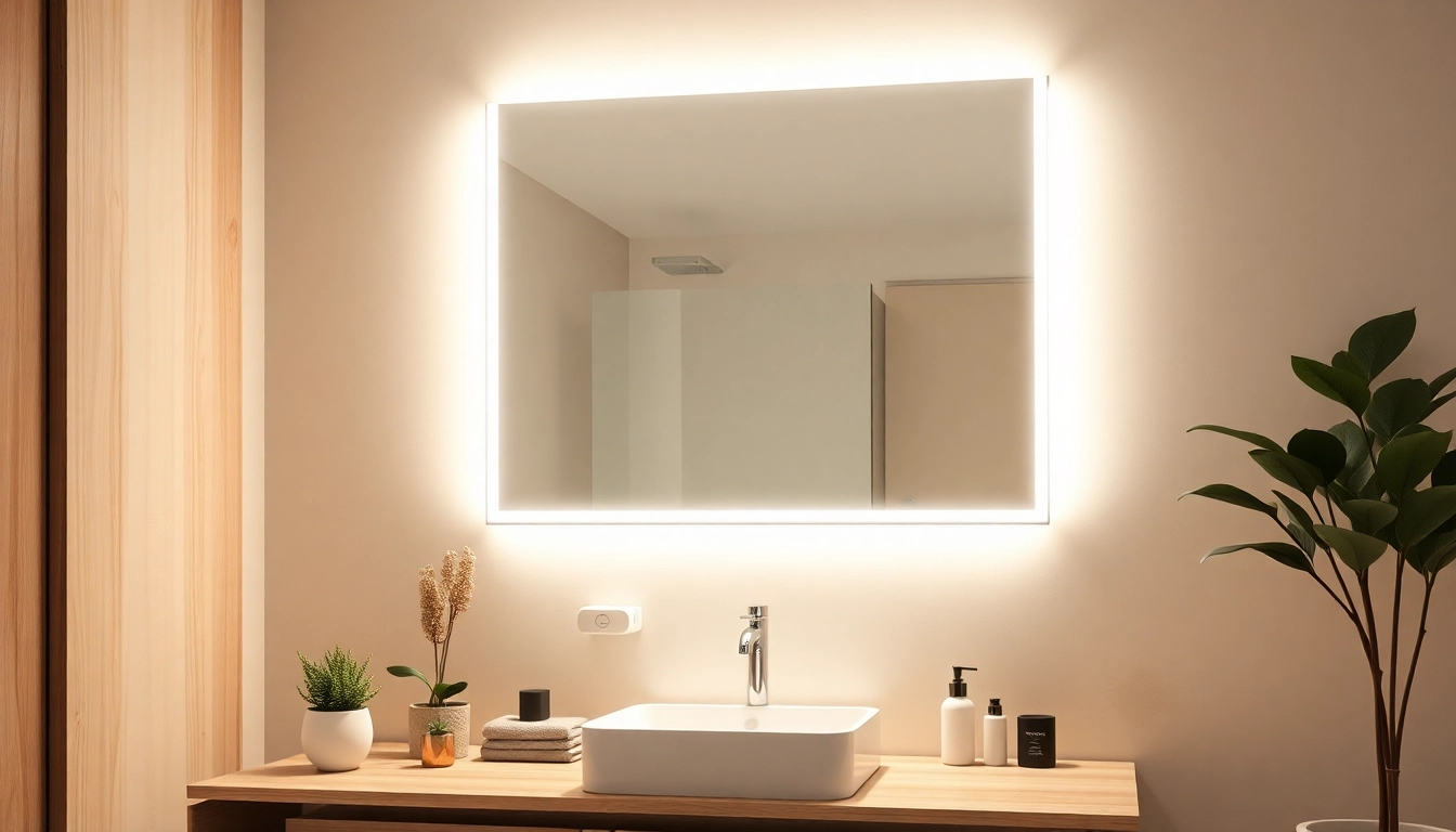 Moderne Badezimmeransicht mit einem stilvollen spiegelschrank led und warmer Beleuchtung für eine einladende Atmosphäre.