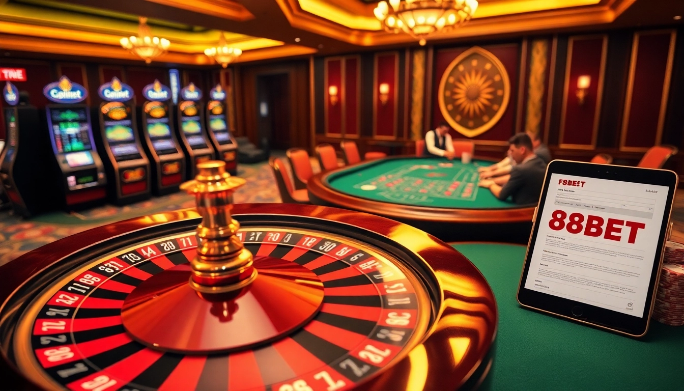 Experience the excitement of F8BET with vibrant casino games, roulette, and golden poker chips.