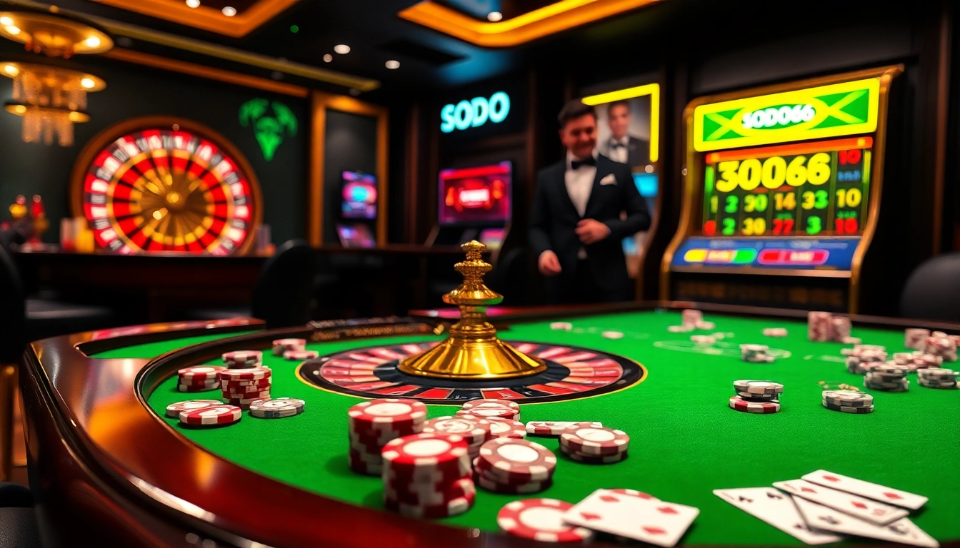 SODO66 casino table with chips, cards, and glowing roulette wheel showcasing an exciting gambling scene.