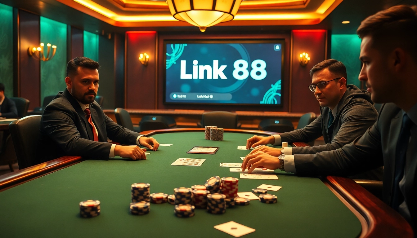 Professional gamblers playing poker at a luxurious casino table, featuring Link Go88 app displayed.