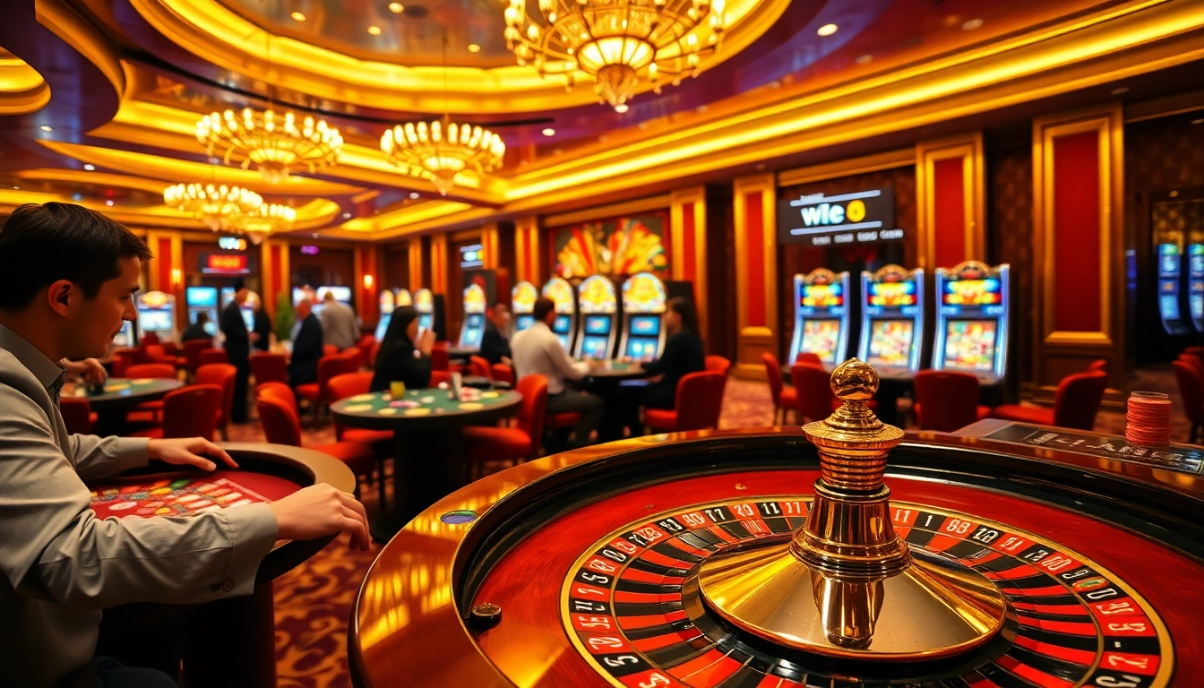 Players enjoying vibrant games at ok8386 casino with roulette and poker tables.