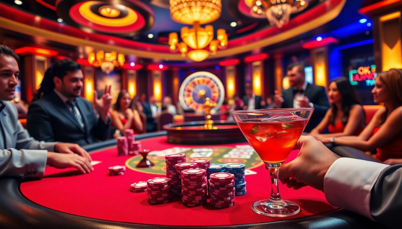 Players enjoying a high-stakes game at an OK VIP casino table, with vibrant poker chips and cards.