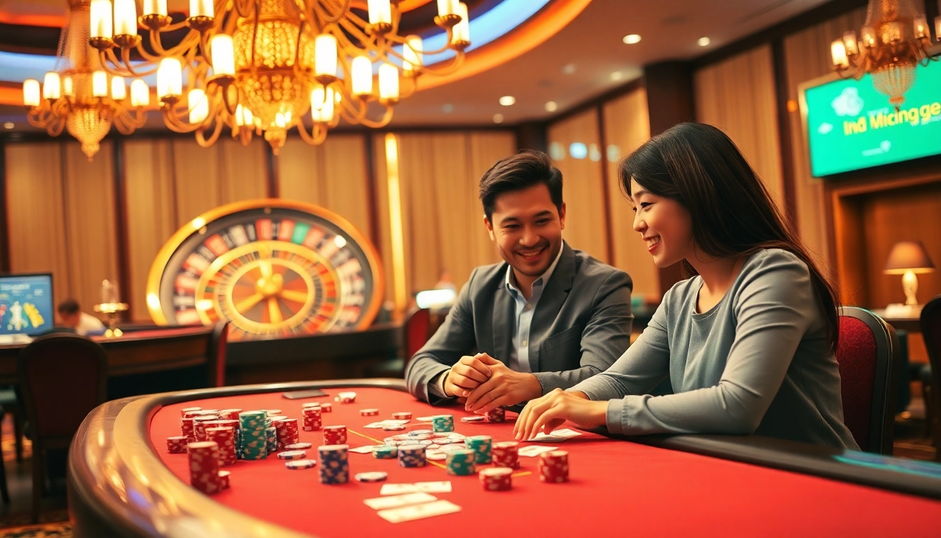 Engaging scene of gamblers at Nhà cái 79KING table with vibrant cards and chips.