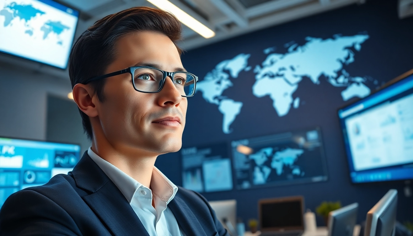 Headhunter IT working confidently in a modern office surrounded by digital screens.