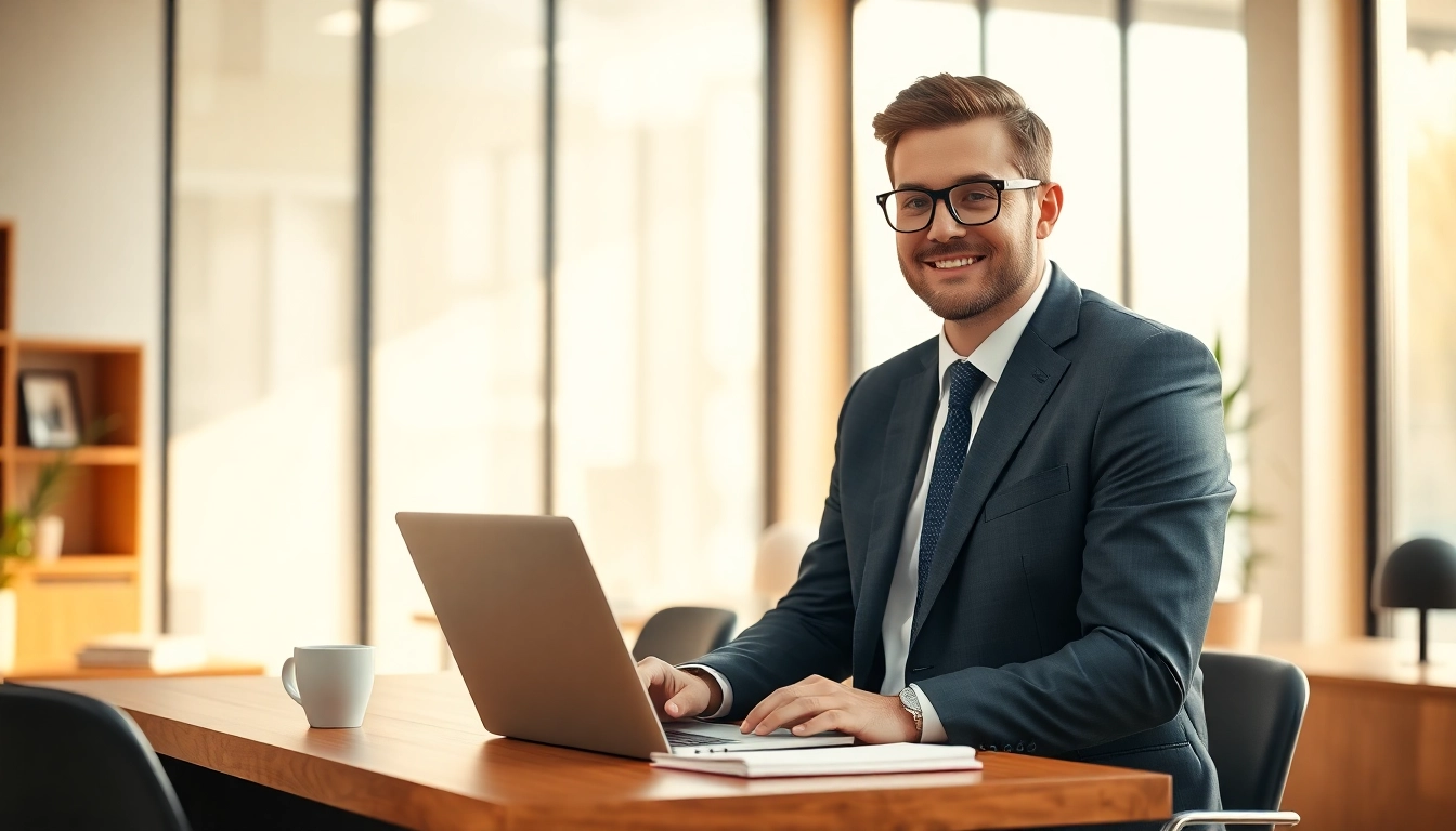 Headhunter Schweiz führt ein virtuelles Meeting in einem modernen Büro.