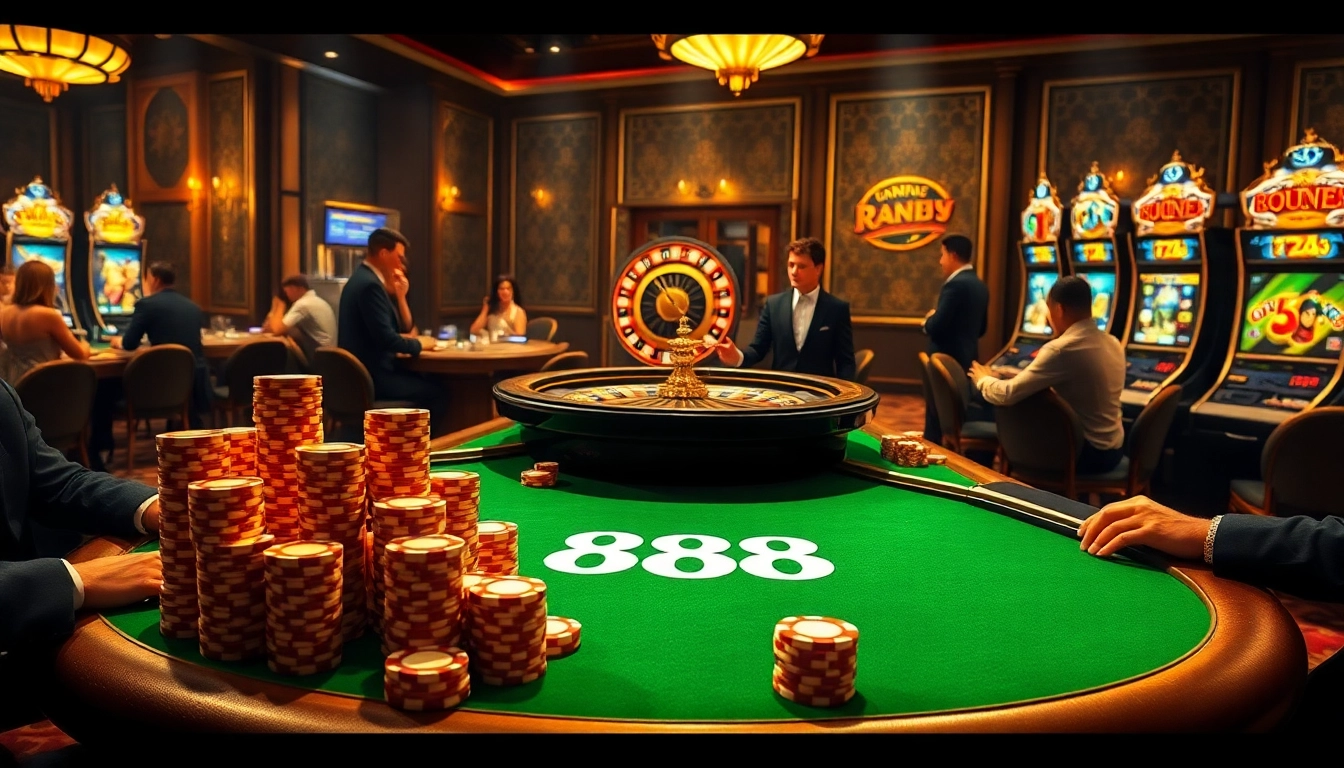 Gamblers enjoying a thrilling game at an 88i casino table with vibrant chips and luxurious ambiance.