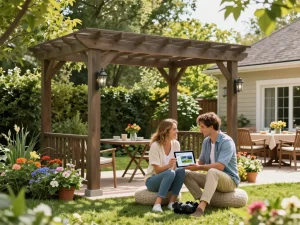 Pergola Konfigurator 3D in einer Gartenumgebung mit einem Paar, das ein Tablet verwendet, um ihr Pergoladesign anzupassen.