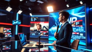 Aktuelle Meldungen von einem Nachrichtenreporter in einem modernen Newsroom erfassen.