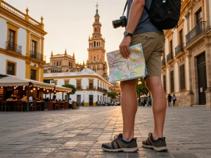 Reisetipps Sevilla: Reisender genießt die lebhaften Straßen von Sevilla und erkundet historische Architektur und Tapas-Bars.