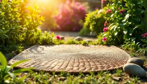 Hanfmatte in einem ruhigen Garten, umgeben von Pflanzen und natürlichem Licht.