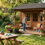 Das Gartenhaus Holz integriert harmonisch in eine blühende Gartenlandschaft.