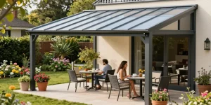 Eine stilvolle Terrassenüberdachung schafft eine einladende Atmosphäre für Paare im Garten.